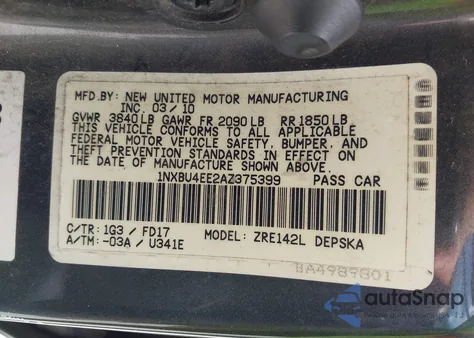 2010 Toyota Corolla S z USA, uszkodzony, nr VIN 1NXBU4EE2AZ375399